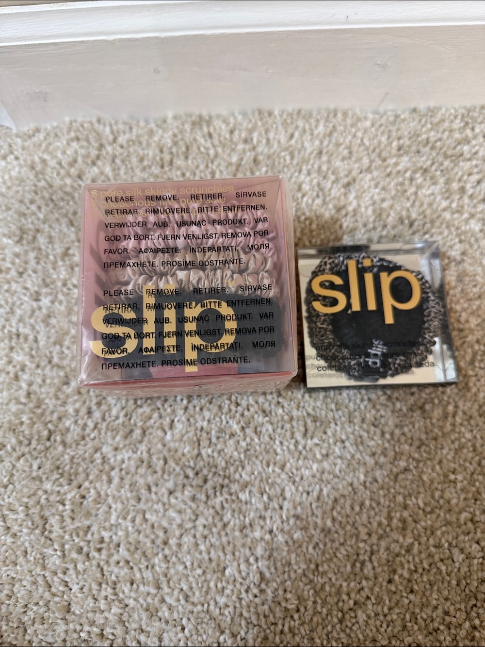 slip black, caramel, pink skinny scrunchies set. Sealed. Never opened.